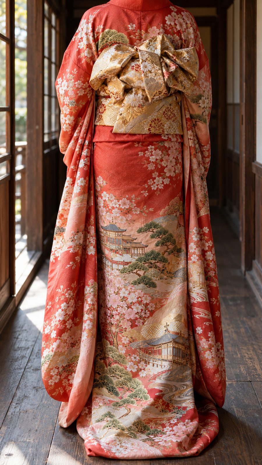 朱からさんご色へのぼかしに、御所解文様を手描き友禅と金糸の刺繍で表した振袖