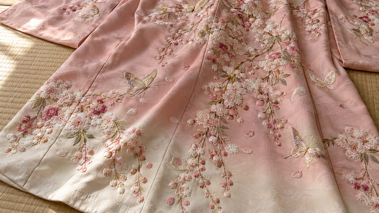 淡い桜色に、しだれ桜と蝶の刺繍の訪問着