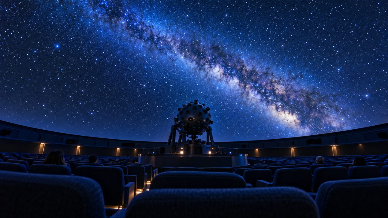 青い星空が投影されたドームと、弧を描いて並ぶ紺の座席