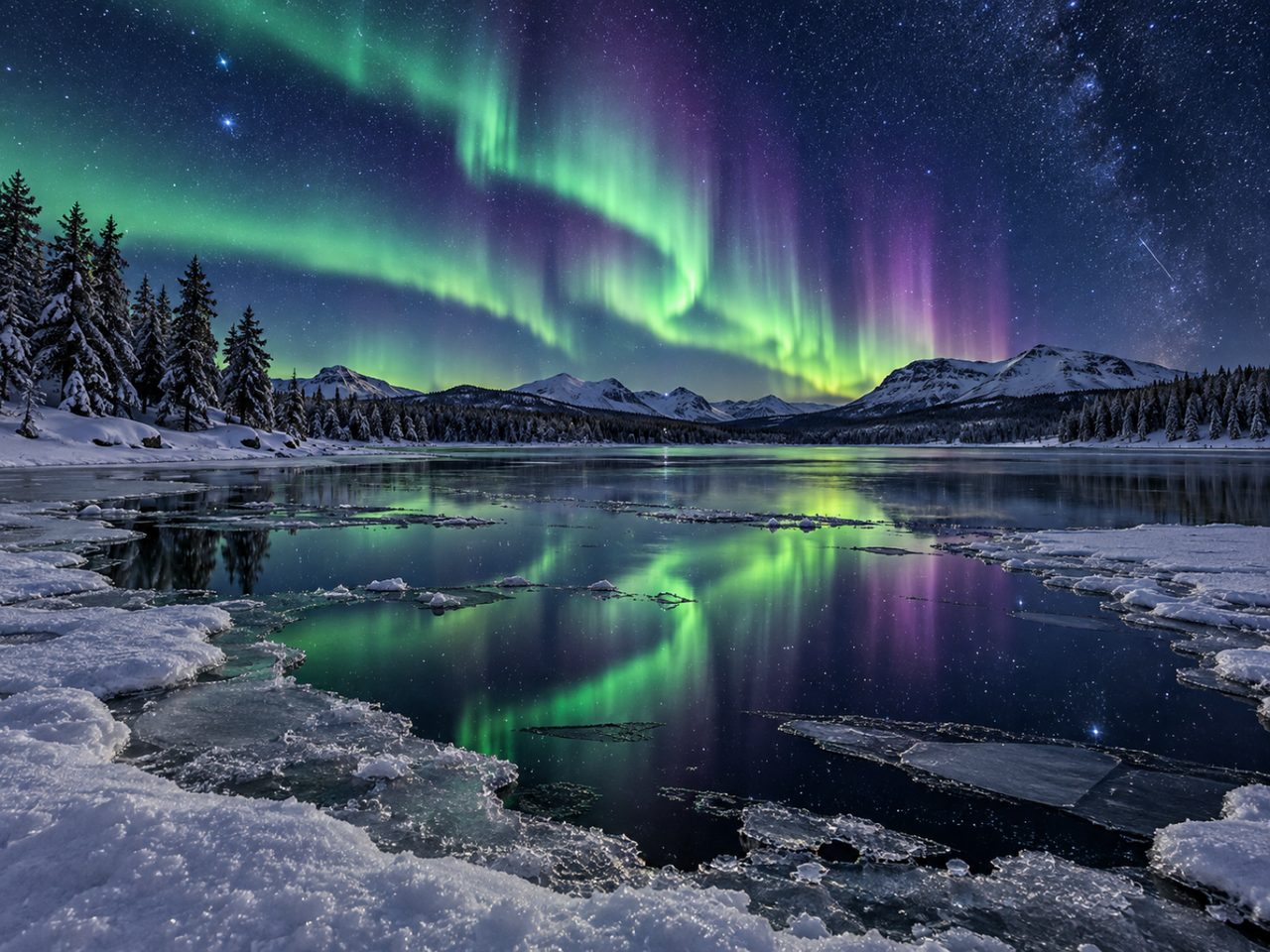 雪の湖の上に、緑とすみれ色のオーロラと満天の星