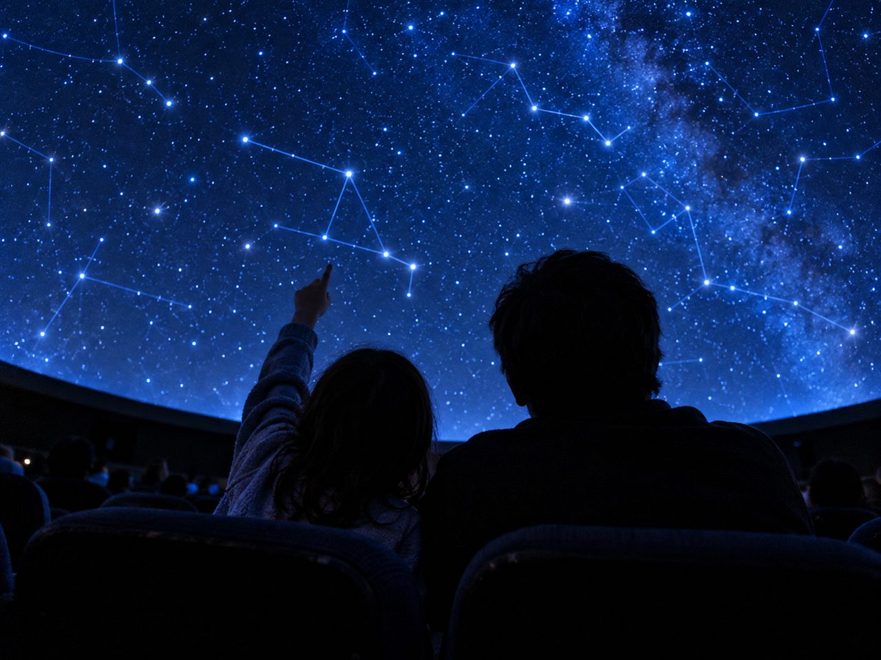 ドームに投影された星座の線を見上げる親子の後ろ姿