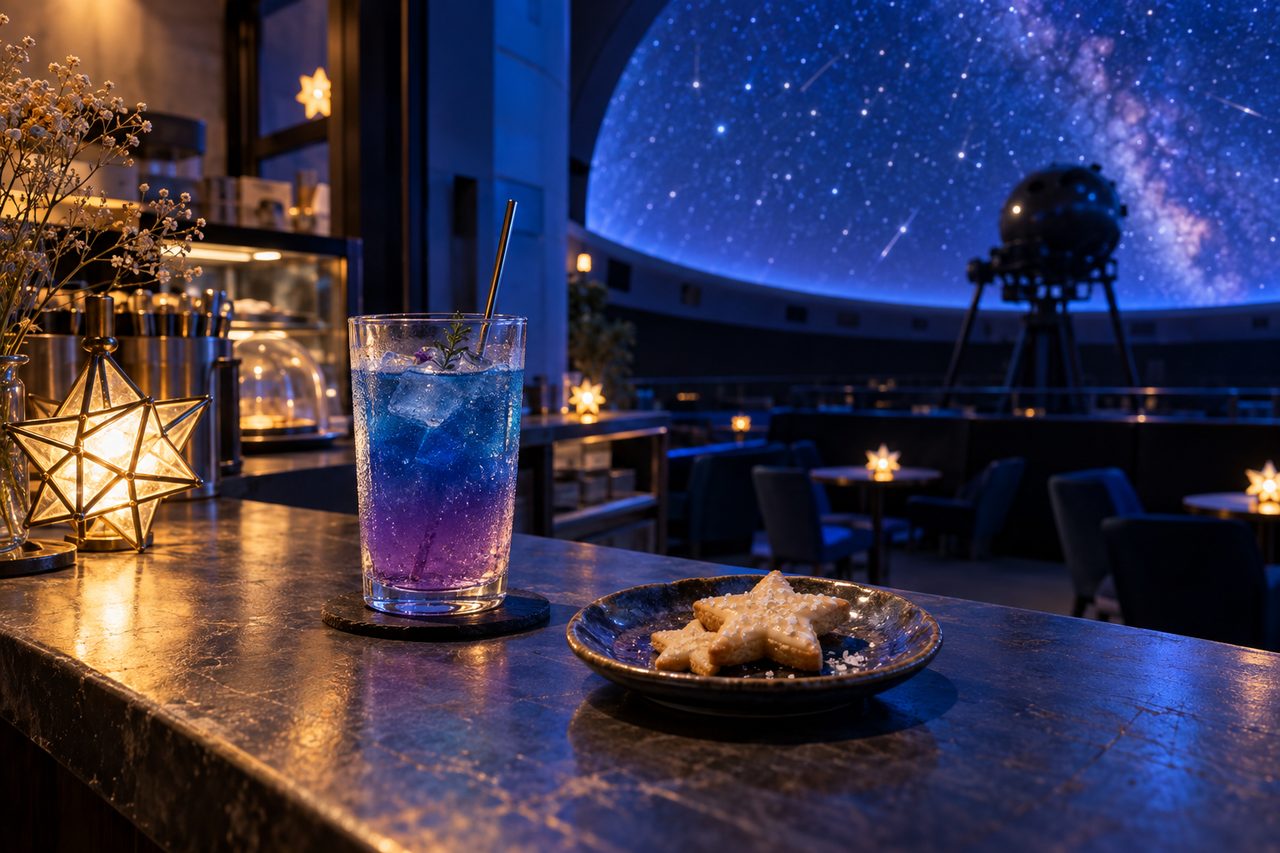 青い照明のカフェのカウンターに、青から紫のドリンクと星形のクッキー