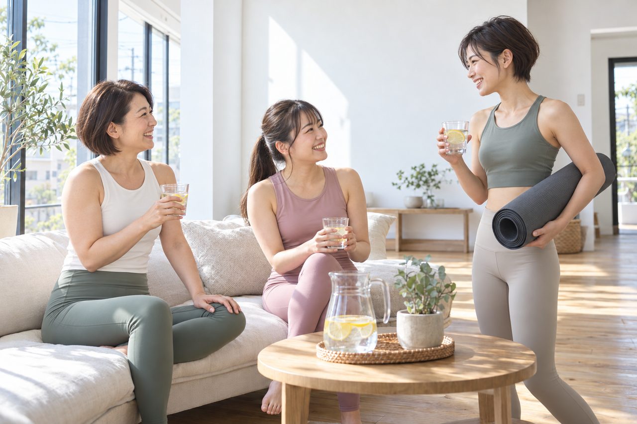 レッスンのあと、入口の近くで水を手に笑い合う生徒たち