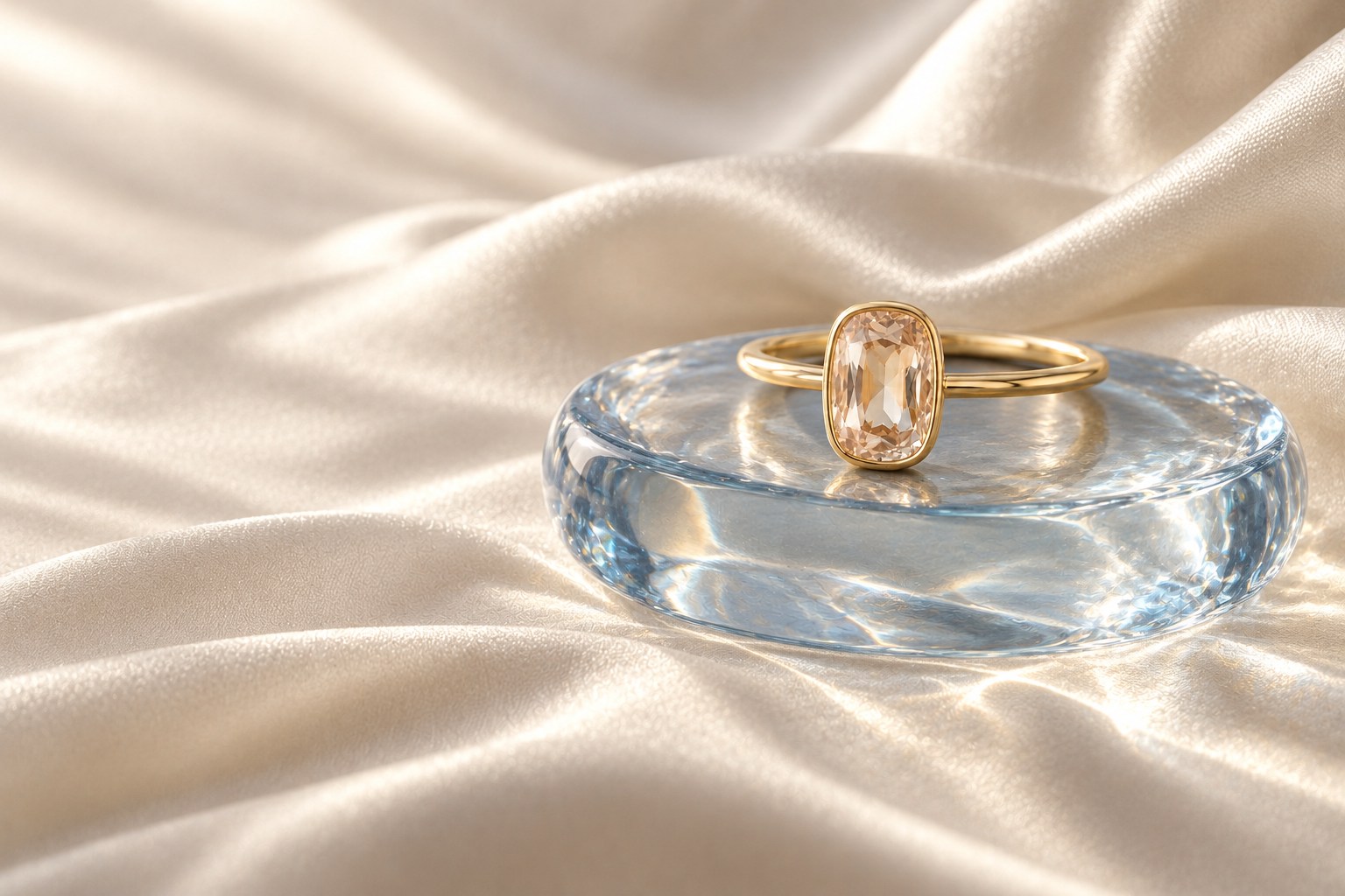 淡いブルーの透明な台座とアイボリーの布に包まれた、シャンパンカラーサファイアのHalo Ring